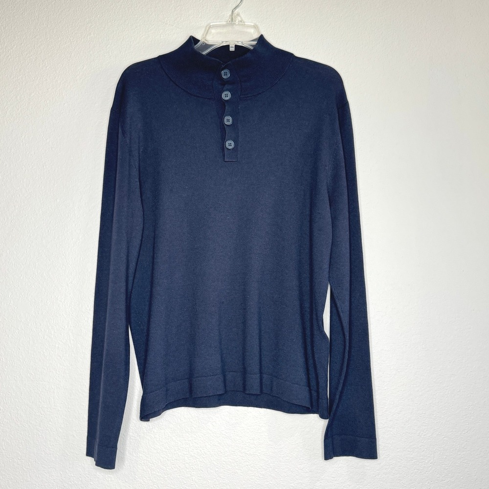 ETIQUETA NEGRA Mens Sweater Mock‎ Neck Button LG Navy Silk Cashmere Argentinian